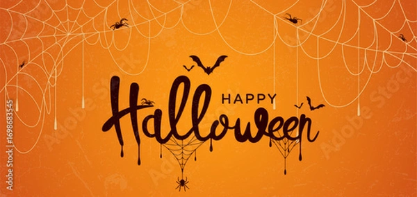 Fototapeta Spooky Halloween background with spider webs, bats, and crawling spiders on orange grunge texture, festive decoration for holiday cards and party invites.