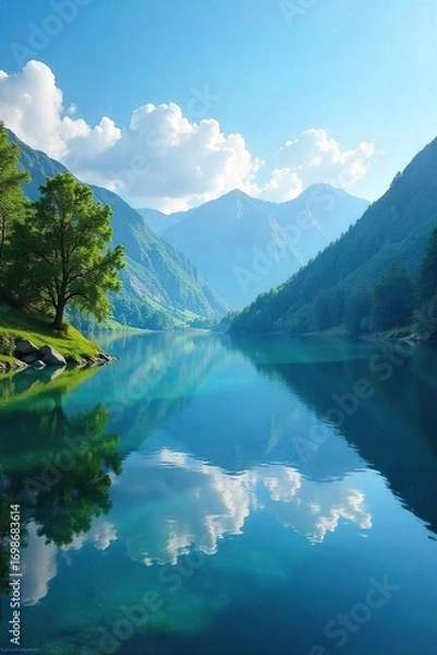 Fototapeta Serene landscape featuring a tranquil lake reflecting a clear sky, suggesting calmness and relaxation Perfect for themes of peace, mindfulness, and escape from daily pressures , vacation, yoga