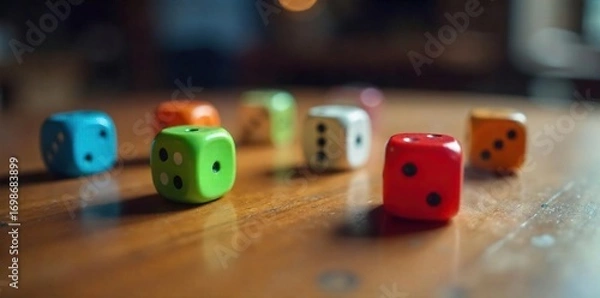 Fototapeta Close-up shot of several colorful dice rolling across a wooden table, capturing the motion blur and randomness of the game , fate, numbers, random