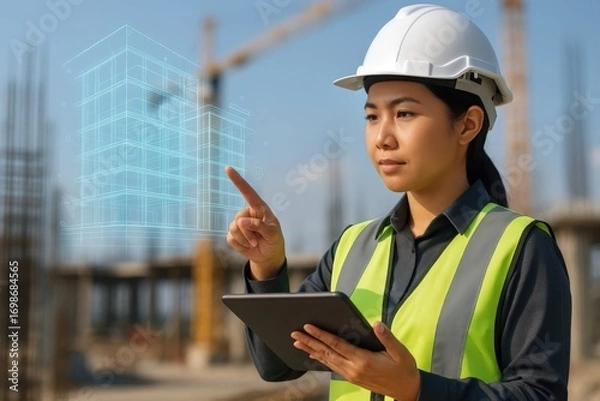 Fototapeta Construction project management urban construction site digital technology visualization outdoor environment professional viewpoint innovative concepts