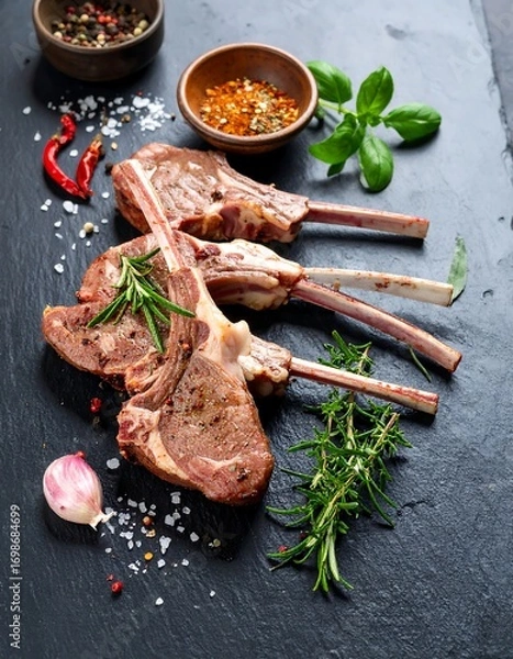 Obraz Roasted lamb ribs on a dark stone surface