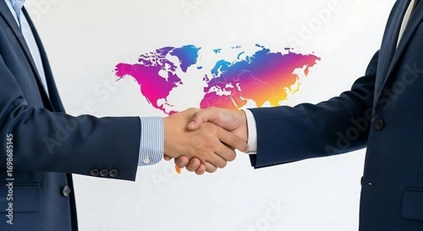 Obraz Two businessmen shaking hands with colorful world map background isolated on white background