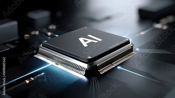 Fototapeta Blue light spreading from chip core creates futuristic atmosphere in this closeup of modern artificial intelligence processor