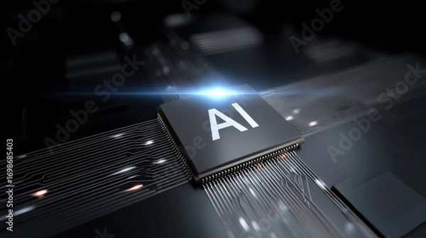 Fototapeta Blue light spreading from chip core creates futuristic atmosphere highlighting advanced artificial intelligence technology and digital innovation