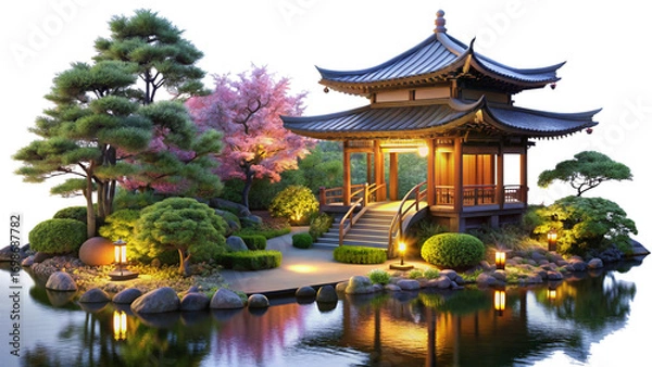 Fototapeta peaceful--illuminated-Asian-garden--isolated-on-a white background