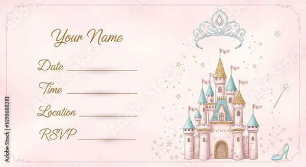 Fototapeta Enchanting Princess Castle Birthday Party Invitation with Editable Text Fields and Sparkly Tiara