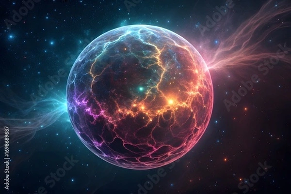Fototapeta Vibrant Cosmic Sphere with Energetic Light Bursts nebula colorful neon PNG Transparent background