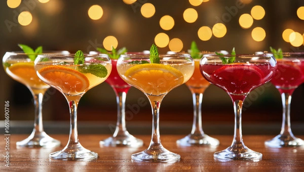 Fototapeta Christmas cocktails in elegant coupe glasses with citrus slices and mint, served on wooden surface with festive glowing lights