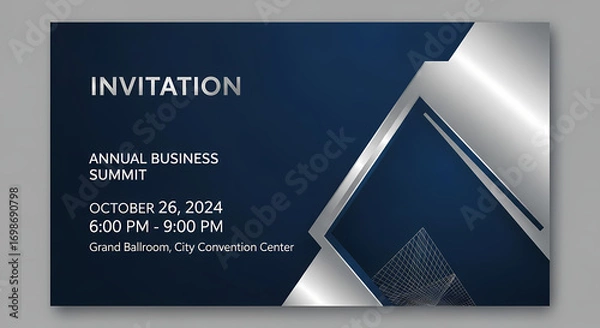 Fototapeta Elegant corporate event invitation template with a modern dark blue and silver geometric design for a professional business summit