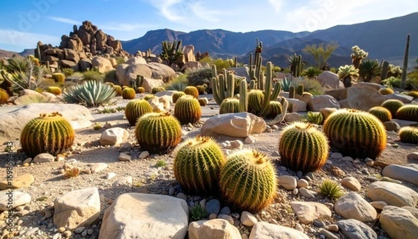 Fototapeta Vibrant desert landscape featuring various cactus species and arid vegetation under clear skies
