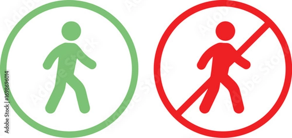 Obraz pedestrian, walking, person, icon, symbol, green circle, red circle, prohibition, access, allowed, forbidden, no entry, stop, danger, safety, traffic, sign, graphic, design, illustration, human figure