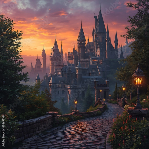 Fototapeta The mystical Vastora cityscape features intricate stone buildings, towering spires, and a serene sunset backdrop. The city's foundation is made of weathered stones, creating a sense of depth and histo
