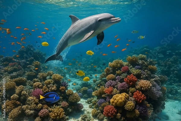 Fototapeta Dolphin (Delphinidae) swimming gracefully above a vibrant coral reef, surrounded by colorful marine life.