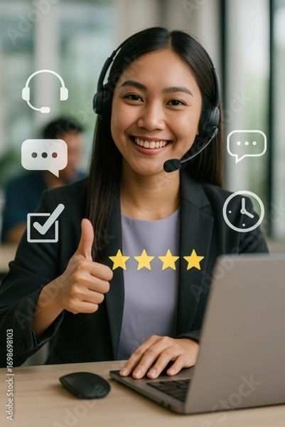 Fototapeta A friendly customer service representative assisting with a headset, with a smile and thumbs up, surrounded by service icons