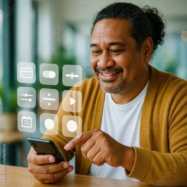 Fototapeta A man is happily using his phone, engaging with various digital icons displayed on the screen