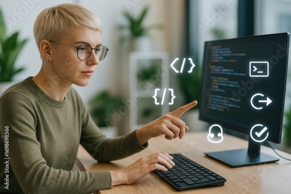 Fototapeta a focused woman coding on a computer, immersed in technology