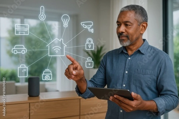 Fototapeta a man with digital interface controls modern smart home technology, embracing the future of home automation