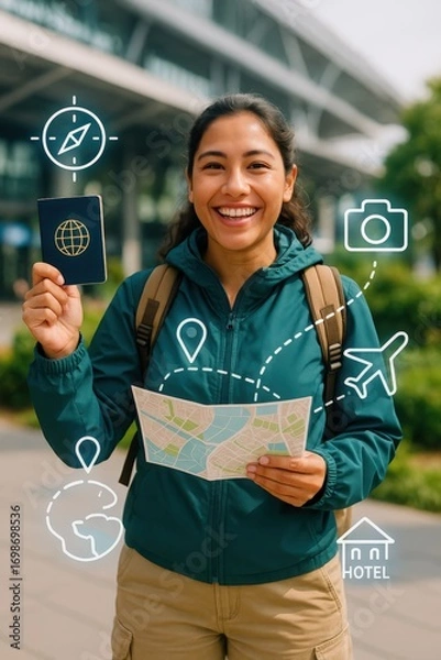 Fototapeta Young woman smiles with a passport and map, ready for an adventure
