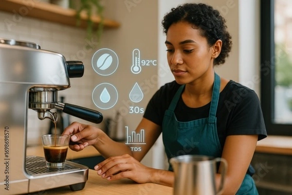 Fototapeta a barista preparing coffee using a modern espresso machine with smart interface