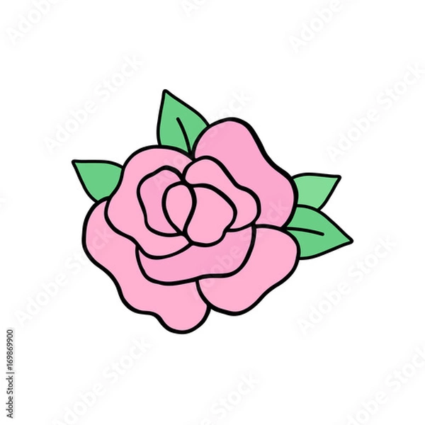 Fototapeta Rose vector illustration drawing, cute pink rose with green leaves. Graphic print, sticker or icon, isolated on white background.