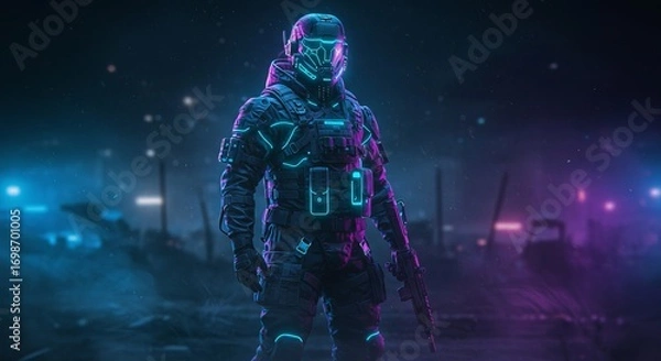Fototapeta Neon Cyberpunk Soldier in Tactical Armor