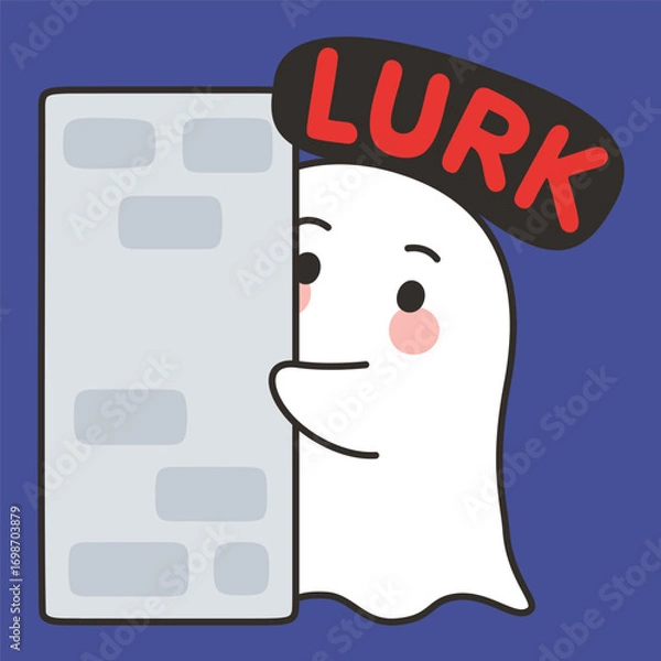 Fototapeta Cute Halloween Ghost Cartoon Vector with Lurk Text Hiding Behind Wall on Blue Background