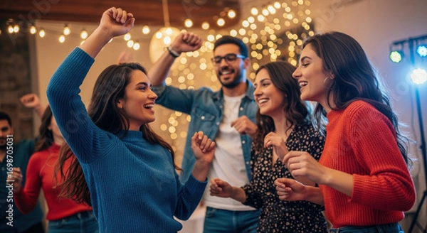 Fototapeta Celebrating party time with friends, group cheerfully raises arms in vibrant atmosphere. This party time includes lights, cheerful expressions and joyous movements of friends enjoying party time.