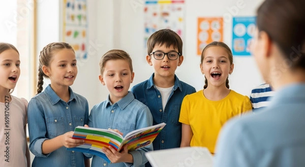 Fototapeta Happy children singing songs in classroom.  Students joyfully participate in music class singing. Elementary school children's choir joyfully singing songs.