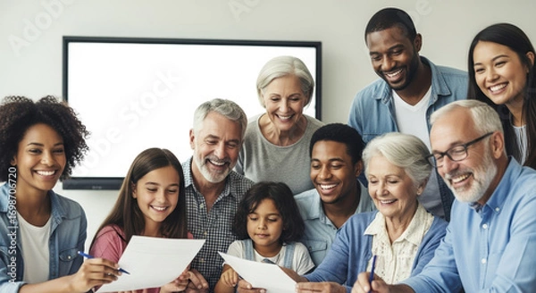 Fototapeta Happy multigenerational family reviewing documents together. Family members of different ages and ethnicities share a joyful moment examining papers.