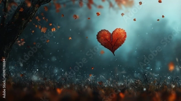 Fototapeta Floating heart shape leaf in a mystical forest conceptual illustration