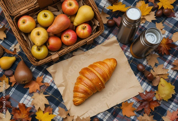 Fototapeta Flat lay fall picnic with apples, basket, thermos and colorful leaves.