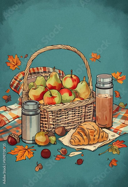 Fototapeta Flat lay fall picnic with apples, basket, thermos and colorful leaves.