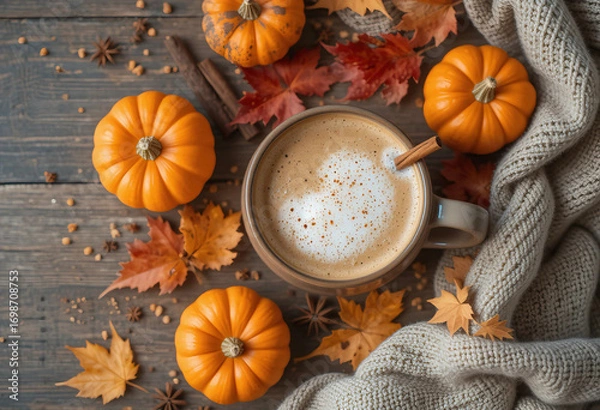 Fototapeta Autumn flat lay with pumpkins, spiced lattes and leaves in warm orange tones.