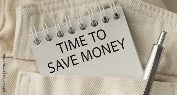 Fototapeta A pocket notebook with a pen and the word Time to Save Money written on it