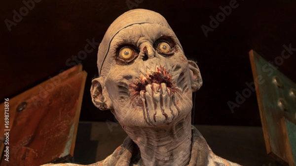 Fototapeta Portrait of a decorative zombie with a bloody mouth and eyes popping out of their sockets.