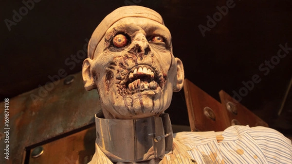 Fototapeta Portrait of a decorative zombie with a bloody mouth and eyes popping out of their sockets.