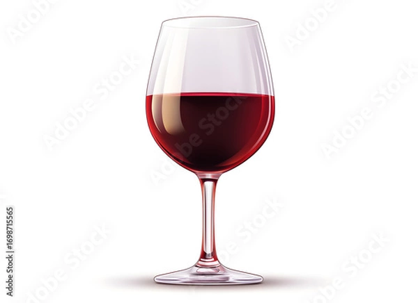 Fototapeta A single elegant wine glass filled with rich red wine isolated on a clean white background with a subtle shadow