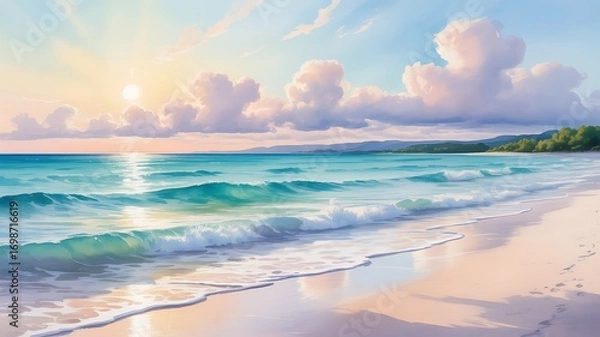 Obraz A serene beach scene with gentle waves, soft sand, and a radiant sunset
