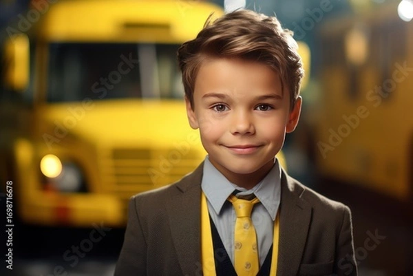 Fototapeta Smiling Scandinavian boy in front of a yellow school bus. September and the beginning of school classes. He smiling and looking at camera.