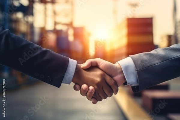 Fototapeta Global transactions and cargo transportation. Handshake. Make a deal. Business. In the background is a large container warehouse.