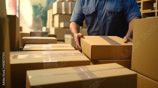 Fototapeta Delivery service. Close-up hands with a cardboard box. Serviceman while working in a postal service warehouse. Cardboard boxes with parcels from online stores at the post office.