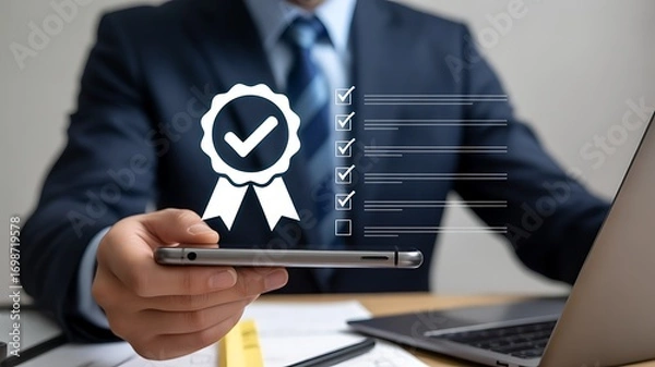 Obraz Businessman holding smartphone with quality assurance symbol and checklist