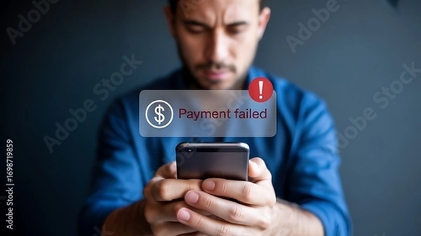 Obraz Man looking at payment failed message on his smartphone with worried expression