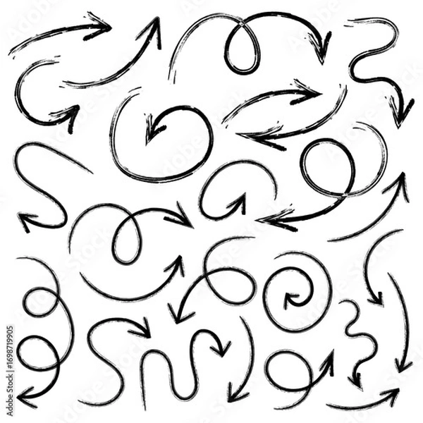 Fototapeta Doddle arrow grunge set. Hand drawn bold brush arrows. Curved arrows drawn with marker, charcoal or felt-tip pen