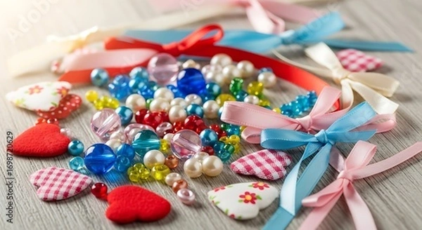 Obraz Craft Supplies - Beads, Ribbons, and Heart Embellishments for DIY Projects.