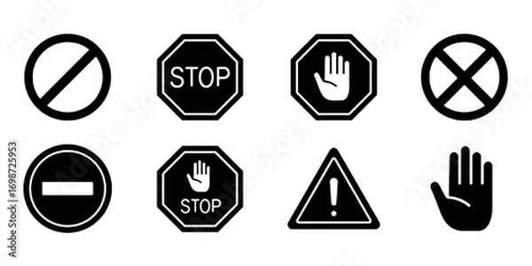 Obraz black STOP icon set. Containing warning, prohibition, stop, hand, danger, no entry, alert, road, barrier sign. Flat vector illustration.