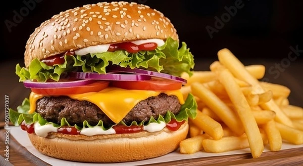 Obraz Delicious Cheeseburger with Fries.