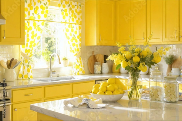 Fototapeta modern kitchen interior with yellow flowers