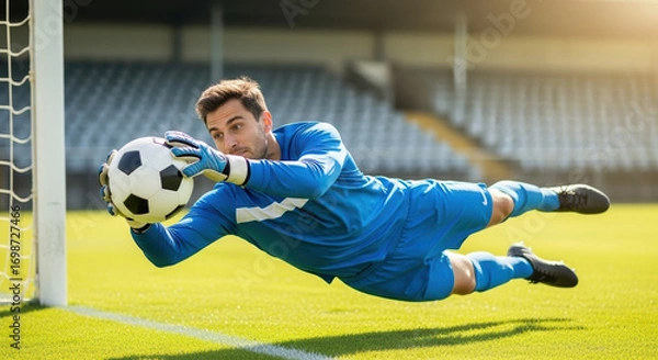 Fototapeta Soccer goalkeeper in action, catching ball and wearing uniform on sports field. Soccer goalkeeper showcases skills, demonstrates agility, and performs save during intense game.