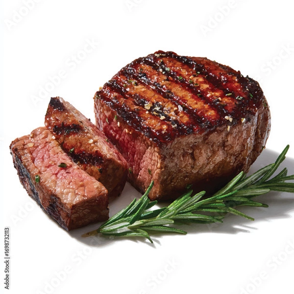 Fototapeta Delicious grilled filet mignon steak with rosemary sprig showing medium rare center on a white background ready to serve